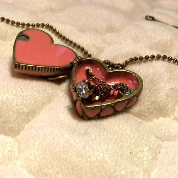Betsey Johnson pink heart locket with engagement ring inside on gold tone chain - Picture 2 of 5